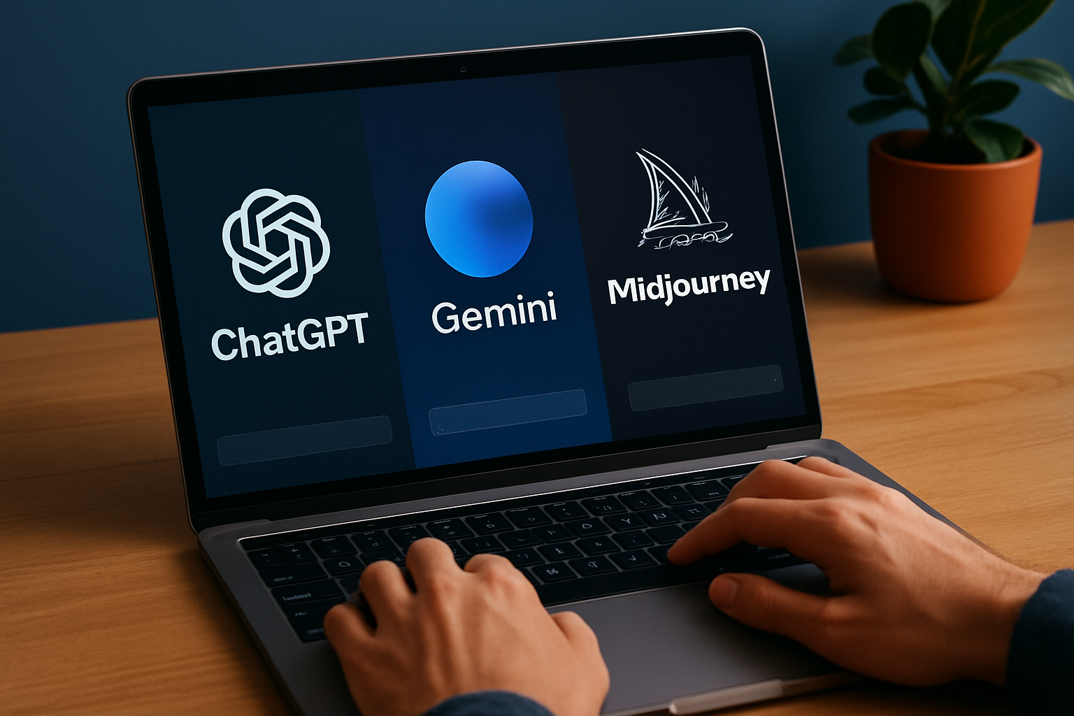 Giao diện các công cụ AI phổ biến (ChatGPT, Gemini, Midjourney) trên màn hình laptop với người dùng đang thao tác