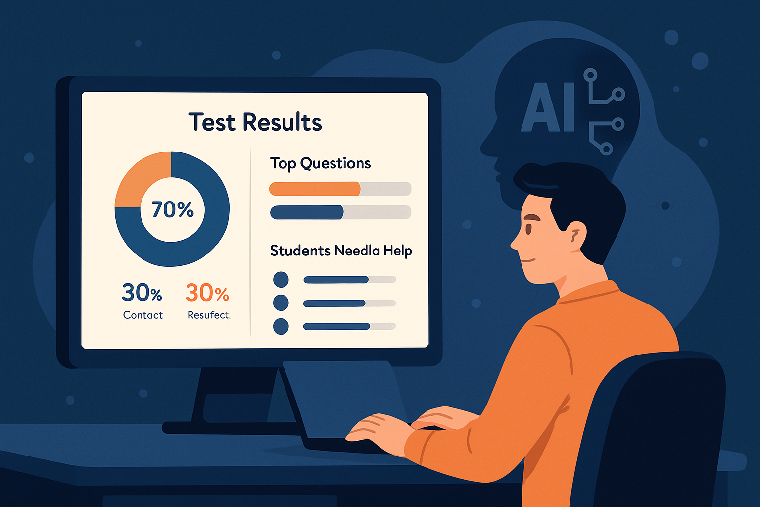 Dashboard phân tích kết quả bài test với biểu đồ tỷ lệ đúng/sai, xếp hạng câu hỏi khó nhất và danh sách học viên cần hỗ trợ