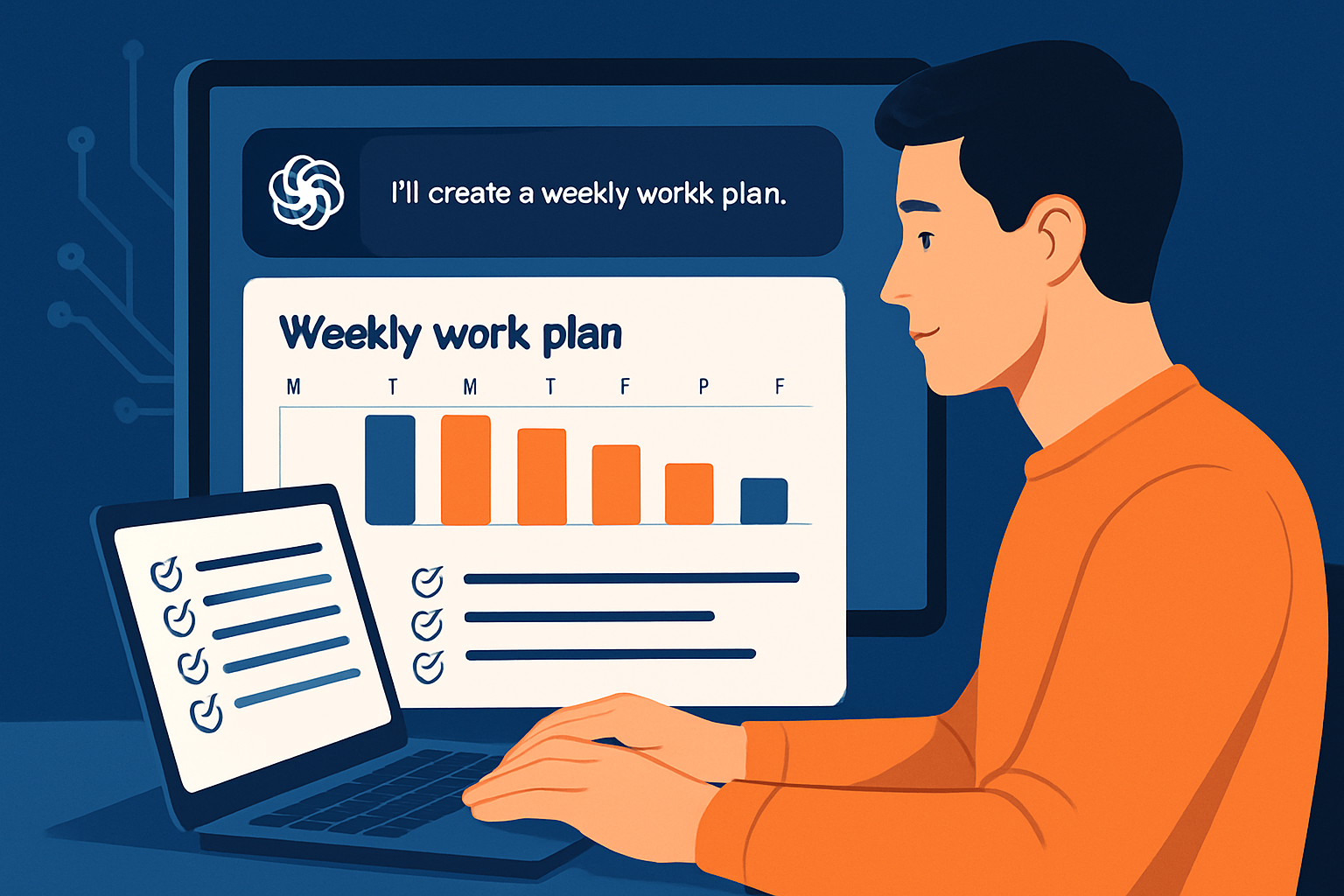 Minh họa giao diện ChatGPT đang tạo kế hoạch công việc tuần với timeline và checklist chi tiết