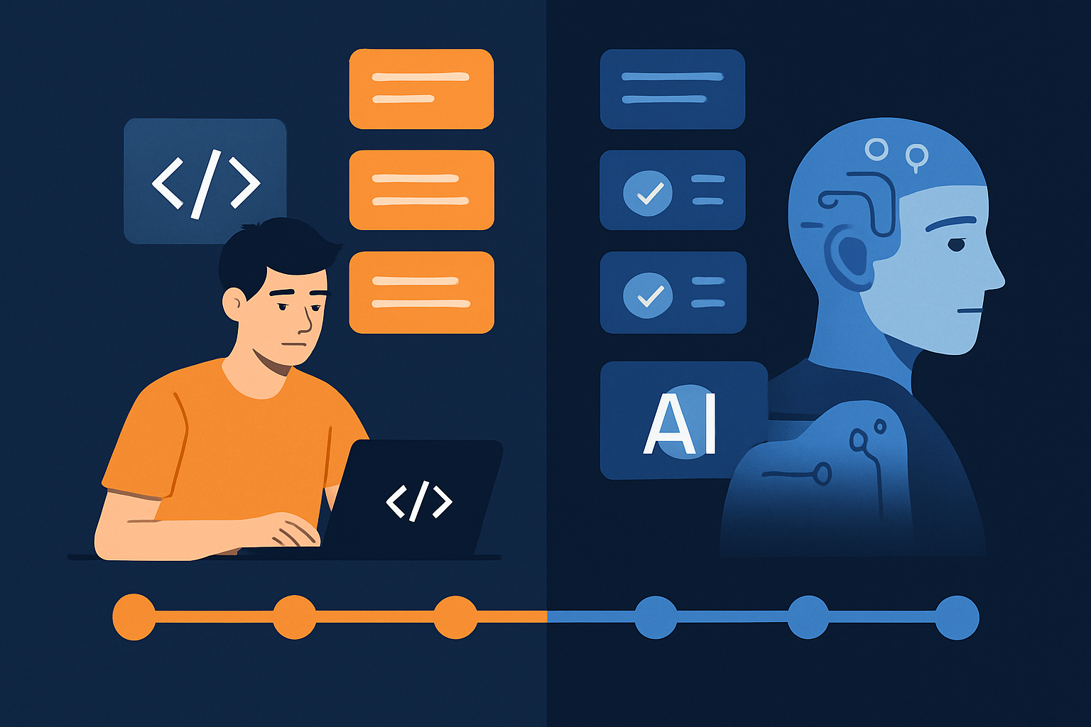 Infographic so sánh quy trình lập trình truyền thống vs quy trình có AI hỗ trợ, với timeline và các bước được tự động hóa được đánh dấu