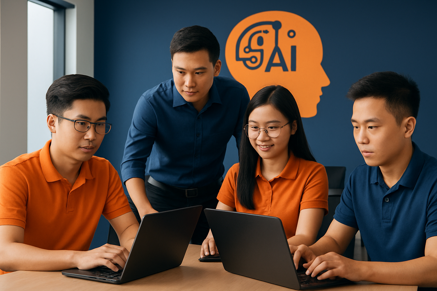 Đội ngũ nhân viên doanh nghiệp Việt Nam đang học và thực hành sử dụng AI trên laptop trong phòng đào tạo hiện đại
