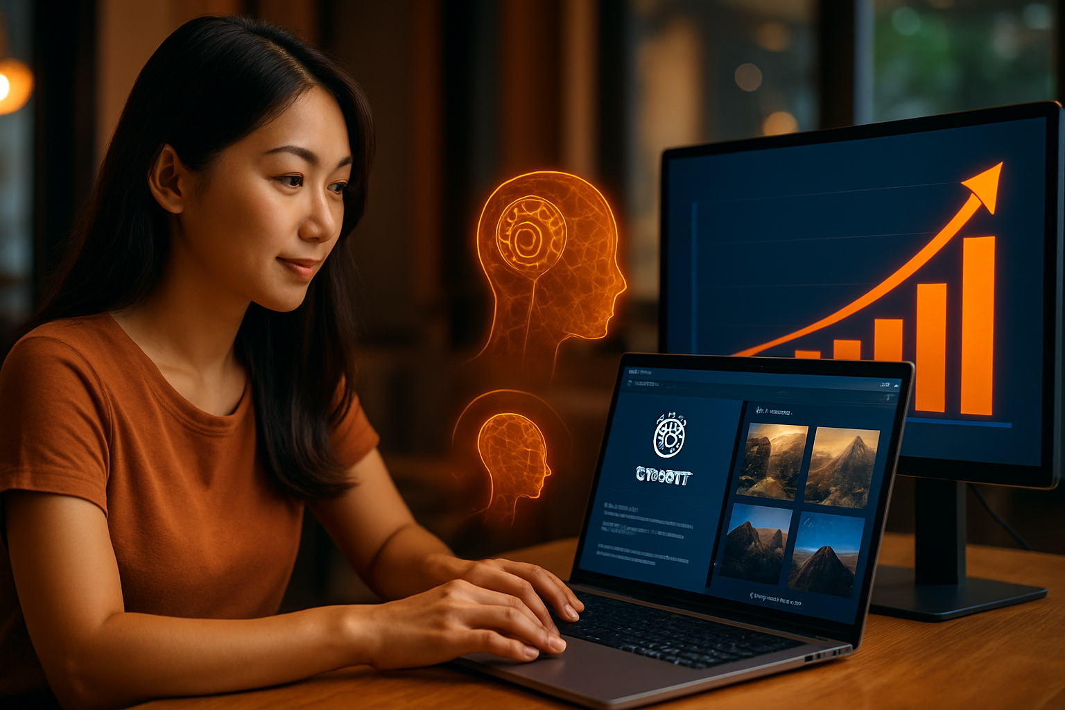 Một người đang làm việc trên laptop với giao diện ChatGPT và Midjourney, biểu đồ năng suất tăng vọt trên màn hình phụ