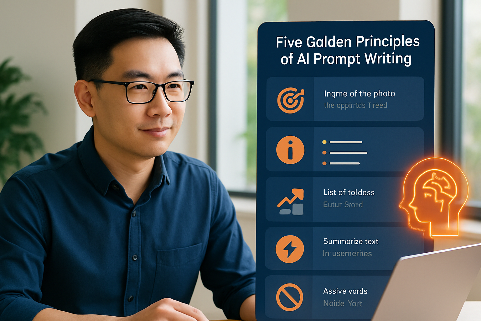 Infographic minh họa 5 nguyên tắc vàng khi viết prompt AI với icon và ví dụ ngắn gọn