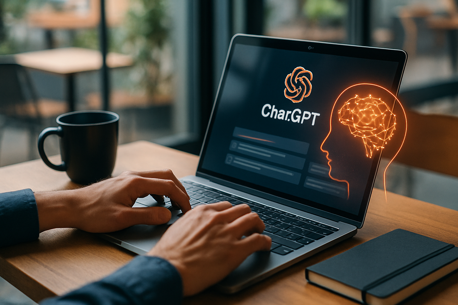 Ảnh minh họa một nhân viên văn phòng đang làm việc với laptop, trên màn hình hiển thị giao diện ChatGPT, cạnh đó là tách cà phê và sổ tay, không khí thoải mái và năng suất