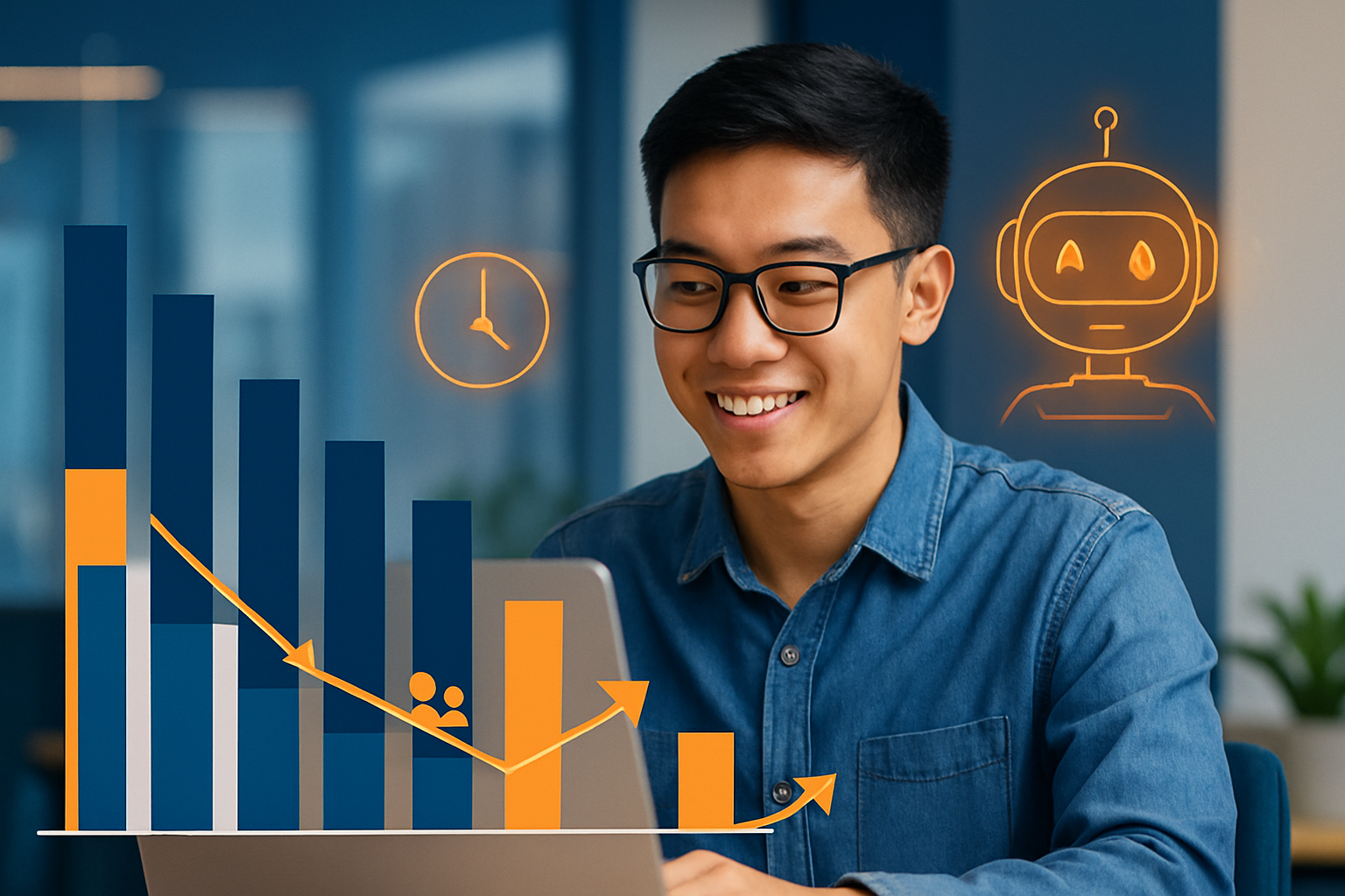 Infographic so sánh năng suất làm việc nhóm trước và sau khi dùng AI – biểu đồ cột thể hiện tiết kiệm thời gian, giảm họp hành, tăng output