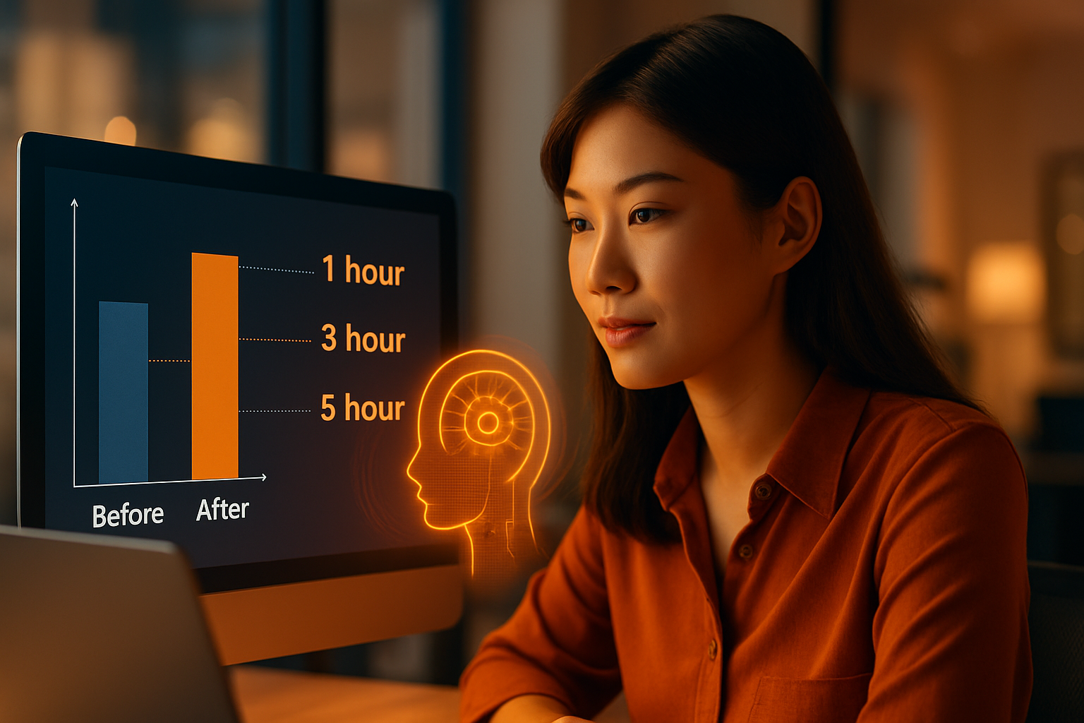 Infographic so sánh năng suất làm việc trước và sau khi dùng AI, với số liệu cụ thể về thời gian tiết kiệm cho từng loại công việc văn phòng