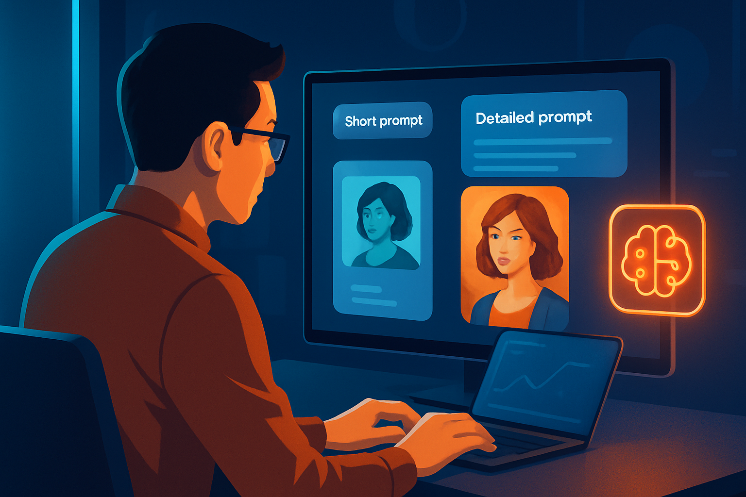 Minh họa so sánh prompt ngắn vs prompt chi tiết và kết quả AI trả về khác biệt