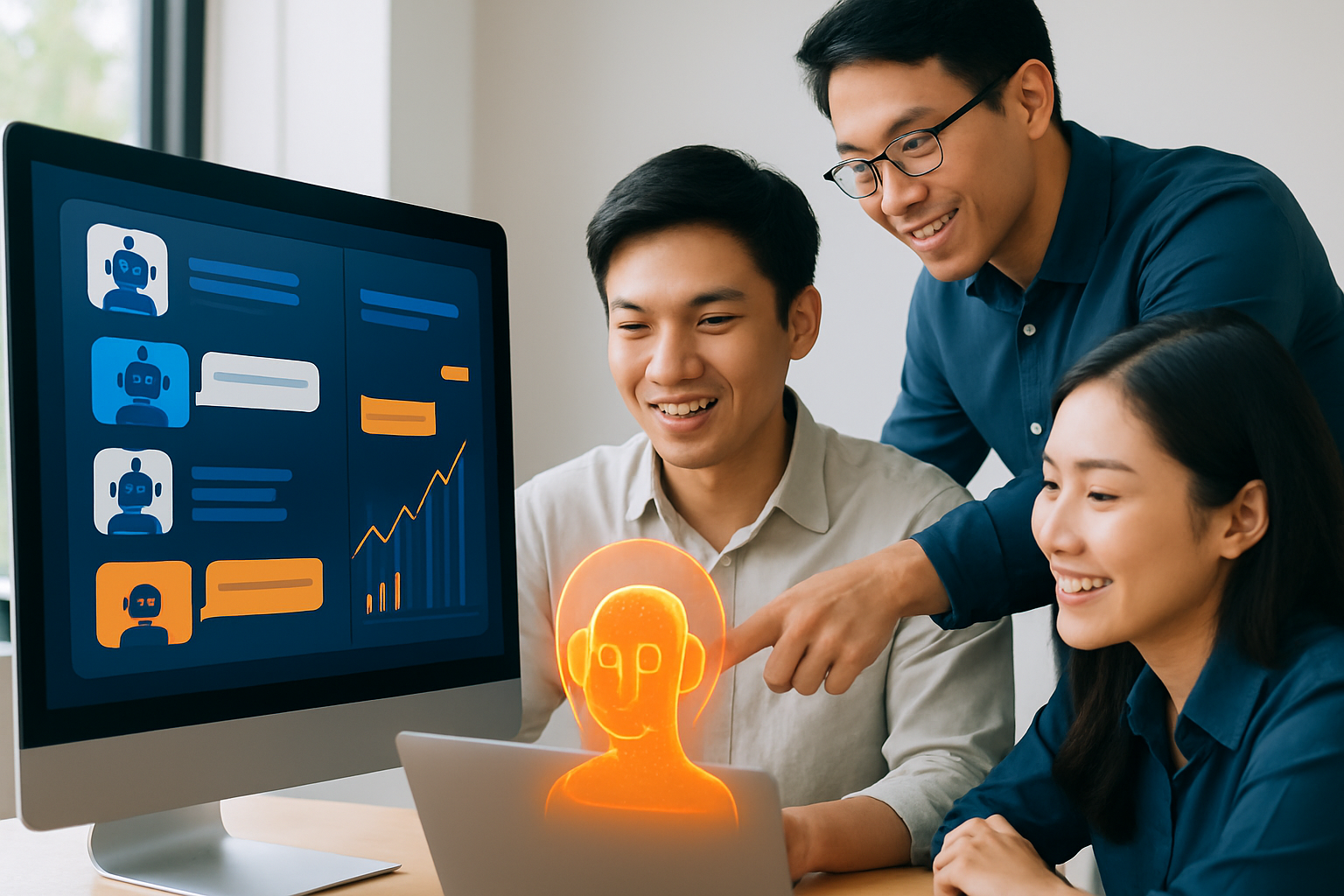 Dashboard hiển thị chatbot AI đang trả lời đồng thời nhiều khách hàng trên màn hình, giao diện hiện đại với biểu đồ tăng trưởng