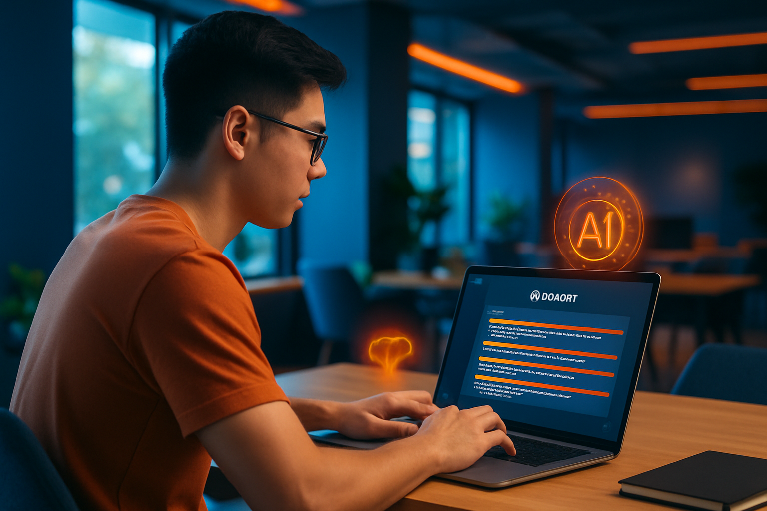 Minh họa một người đang làm việc với màn hình laptop hiển thị giao diện ChatGPT, có các dòng prompt được highlight, không gian làm việc hiện đại, ánh sáng tự nhiên
