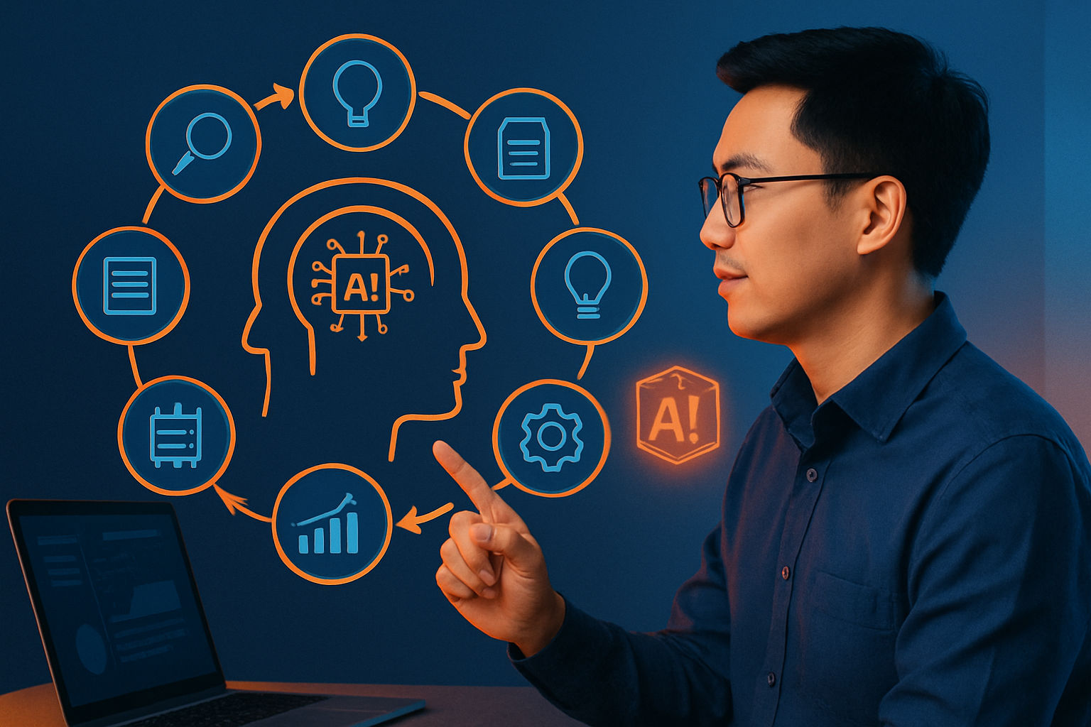 Infographic minh họa quy trình 7 bước sử dụng AI, với icon từng bước rõ ràng