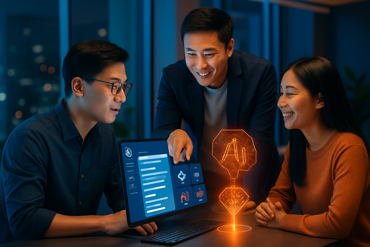Hình minh họa nhân viên văn phòng làm việc với máy tính, màn hình hiển thị giao diện ChatGPT và các công cụ AI, không khí hiện đại, năng động