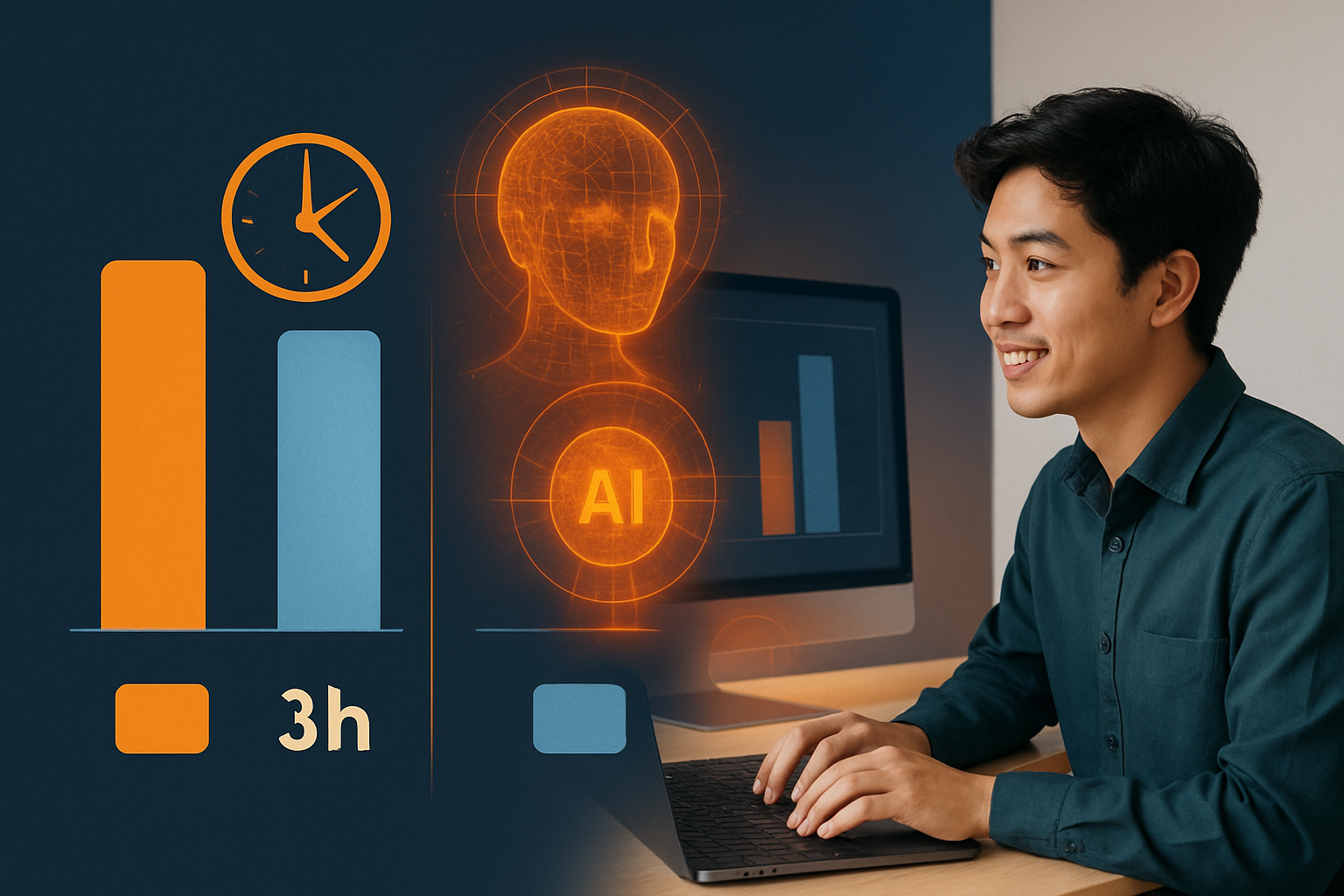 Infographic so sánh năng suất làm việc trước và sau khi áp dụng AI tự động hóa, với các con số cụ thể về thời gian tiết kiệm
