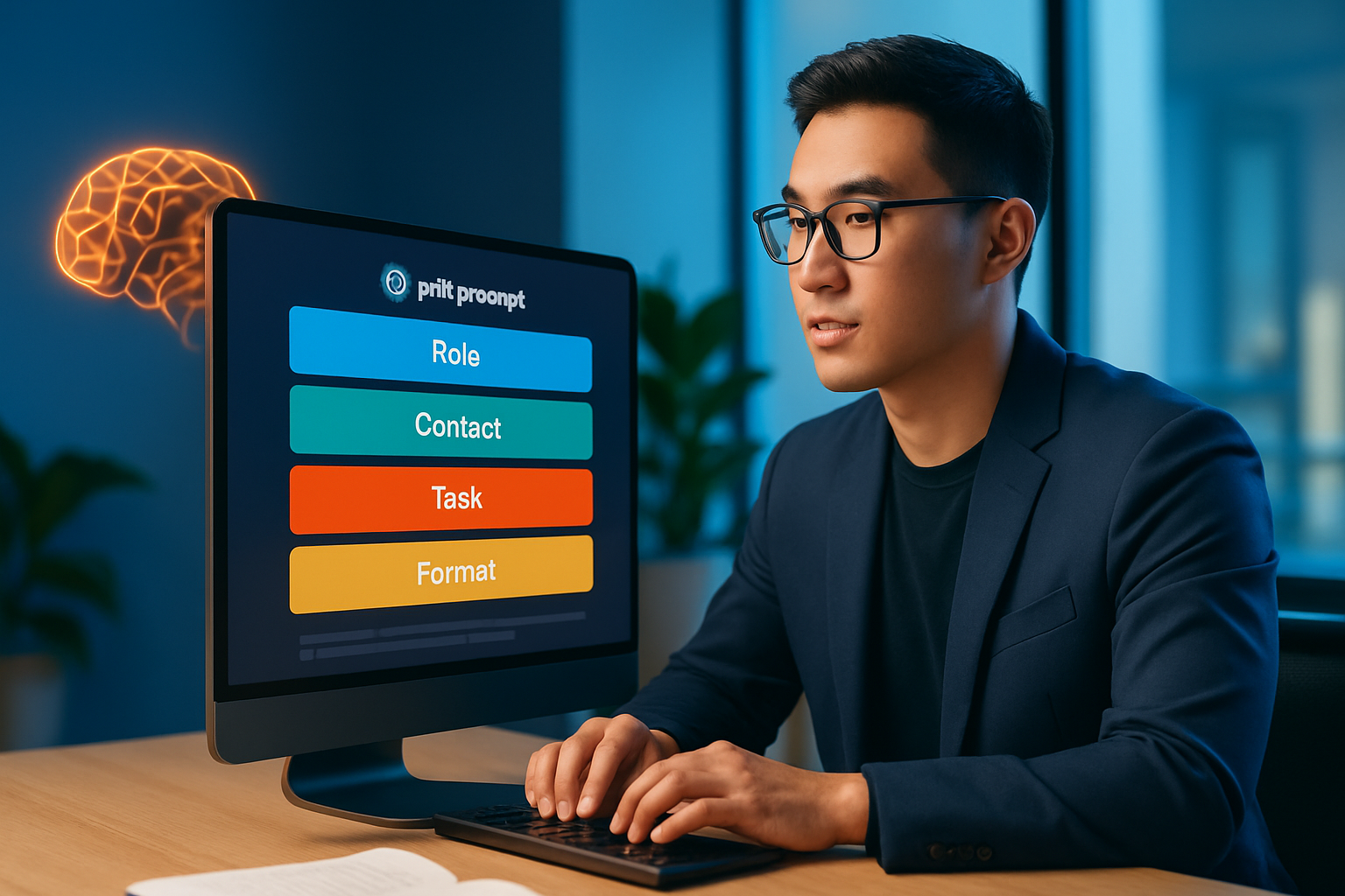 Ảnh minh họa giao diện ChatGPT với ví dụ prompt 4 yếu tố Role-Context-Task-Format, có highlight màu sắc từng phần