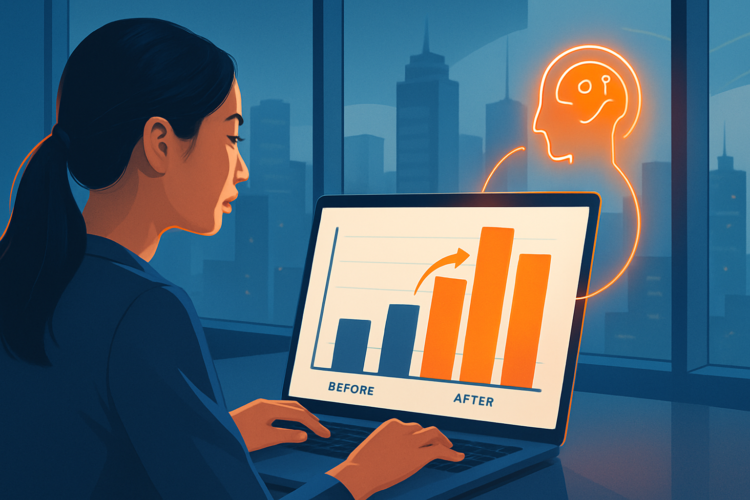 Infographic so sánh năng suất trước và sau khi dùng AI, với biểu đồ cột thể hiện tiết kiệm thời gian