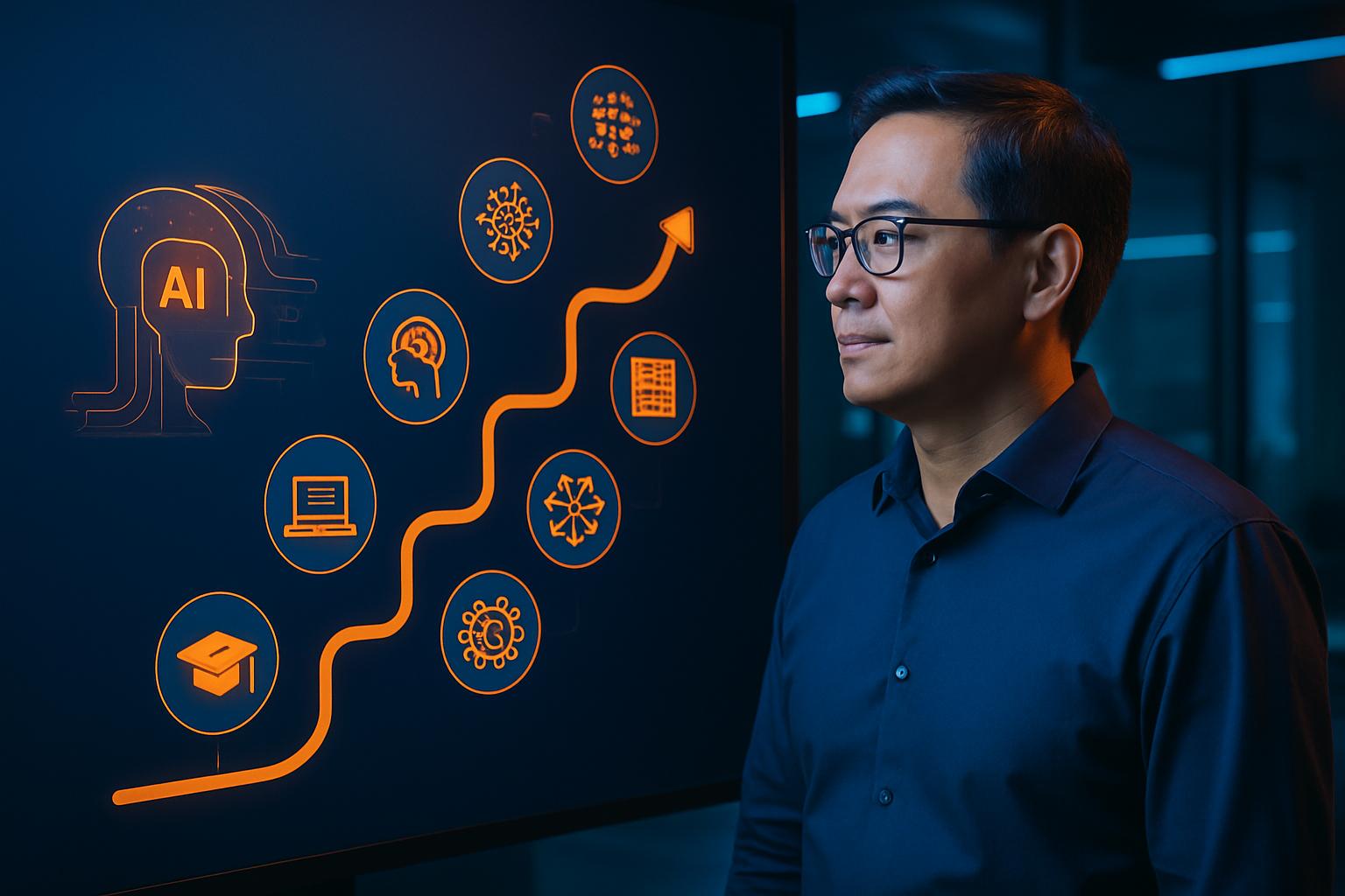 Infographic lộ trình 7 bước học AI từ cơ bản đến nâng cao, với icon minh họa mỗi bước
