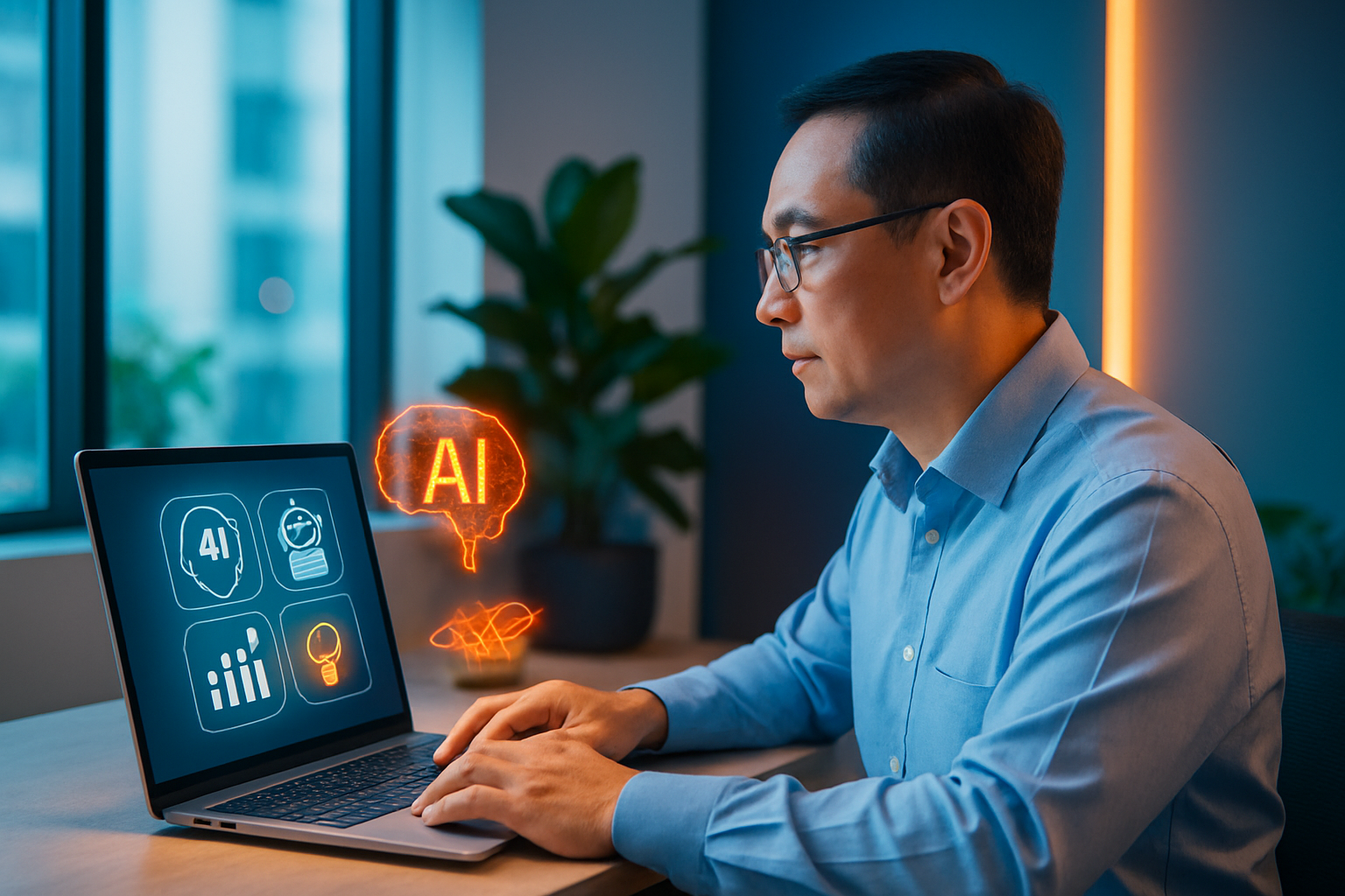 Một nhân viên văn phòng trẻ đang làm việc với laptop, trên màn hình hiển thị giao diện các công cụ AI, không gian làm việc hiện đại tại Việt Nam