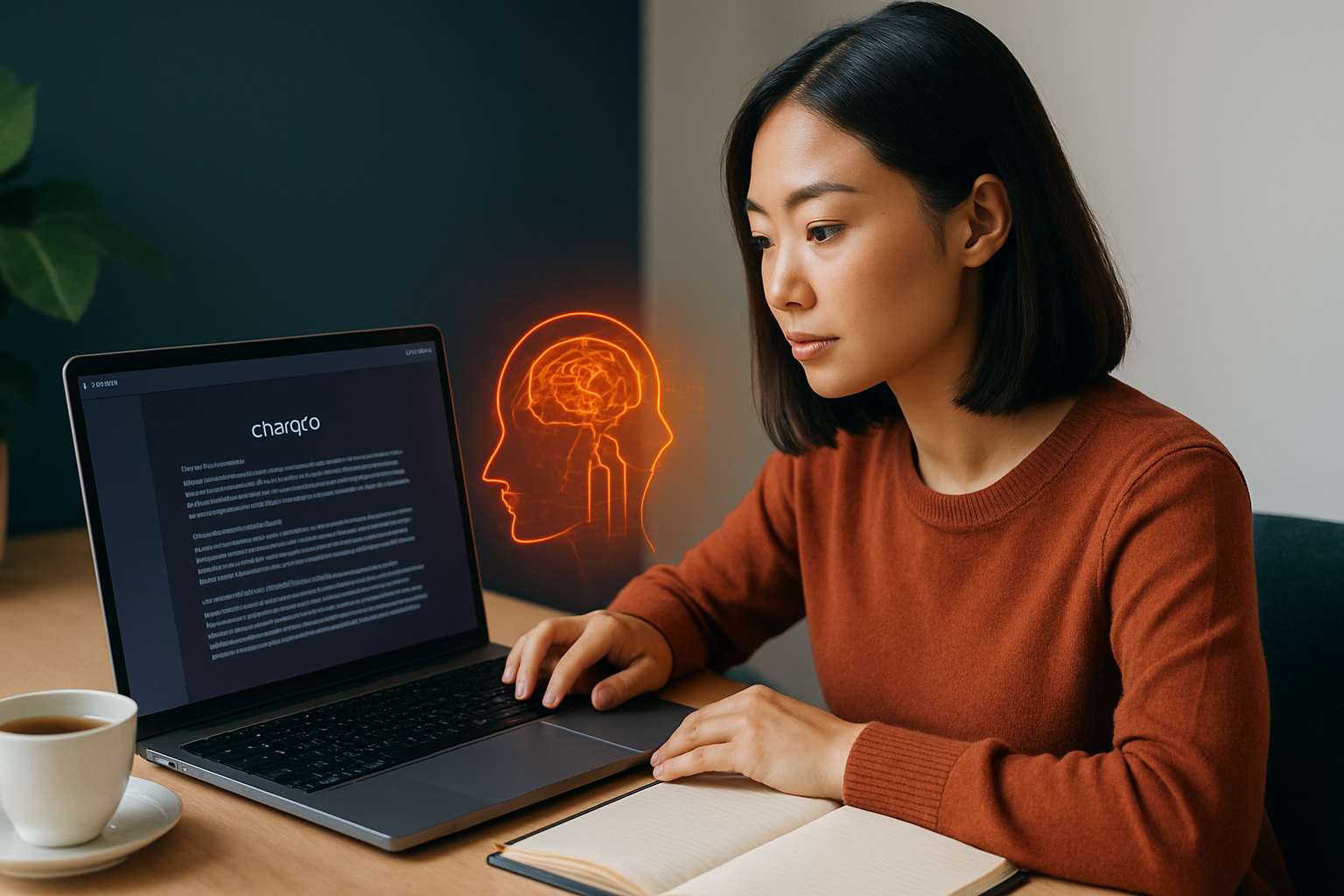 Màn hình laptop hiển thị giao diện ChatGPT đang viết bài blog, bên cạnh là tách cà phê và sổ tay