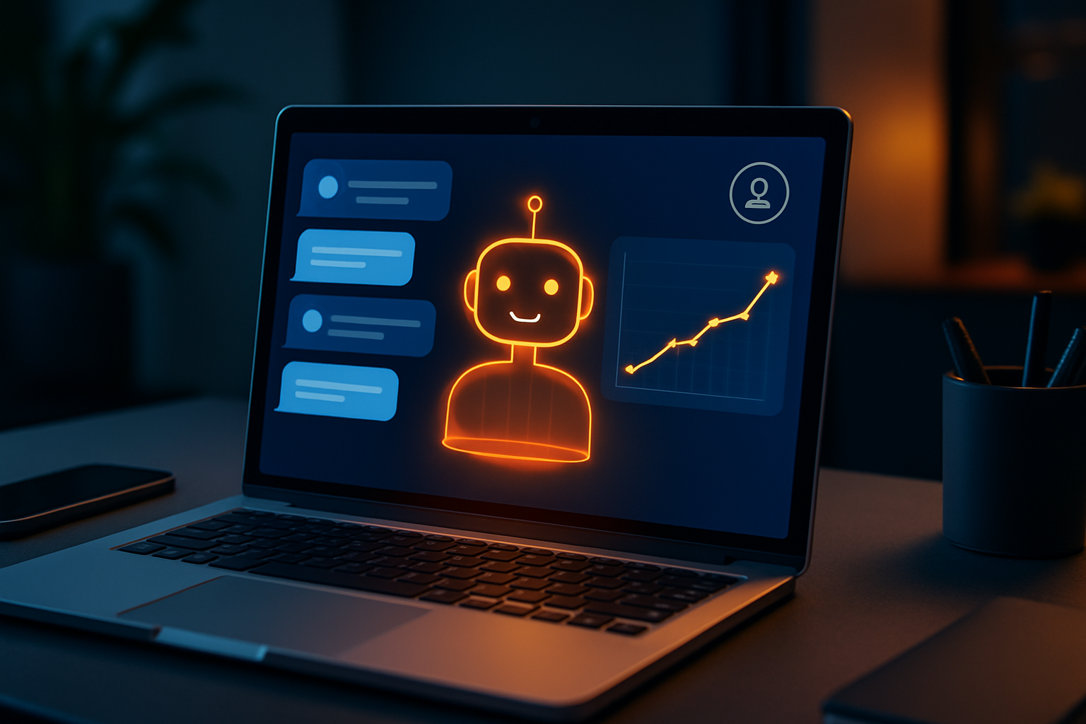 Dashboard hiển thị chatbot AI đang xử lý nhiều cuộc hội thoại đồng thời với biểu đồ tăng trưởng độ hài lòng khách hàng