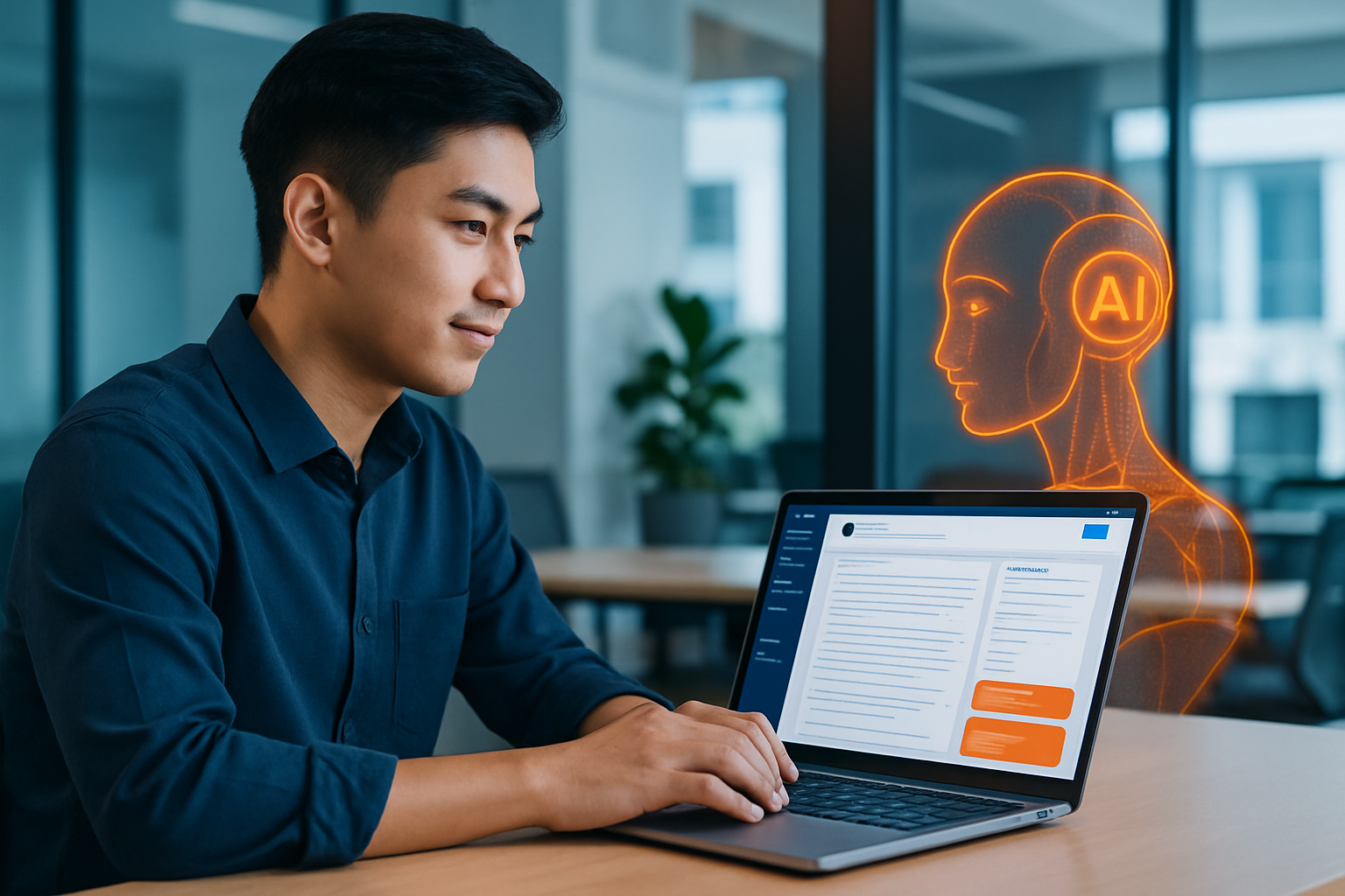 Một marketer trẻ đang làm việc trên laptop với giao diện công cụ AI viết content, background văn phòng hiện đại, ánh sáng tự nhiên