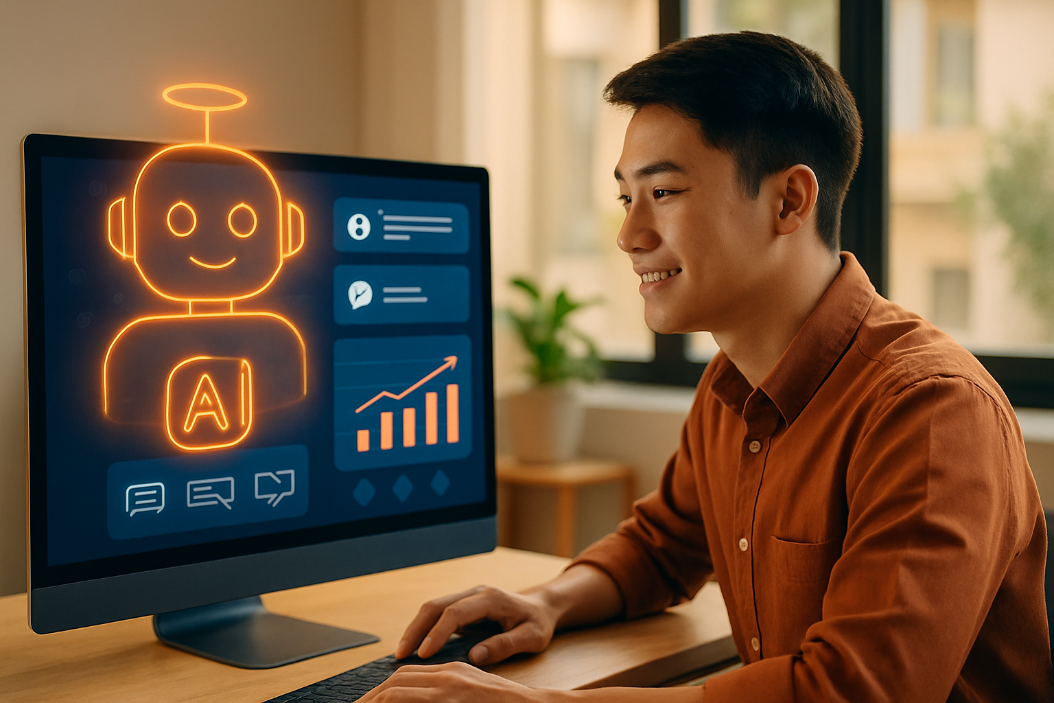 Dashboard chatbot AI đang trả lời khách hàng trên nhiều kênh đồng thời, màn hình hiển thị số liệu tương tác