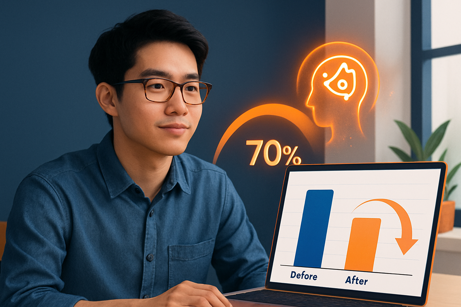 Infographic so sánh năng suất trước và sau khi dùng AI – biểu đồ cột thể hiện tiết kiệm thời gian 70% cho các công việc văn phòng