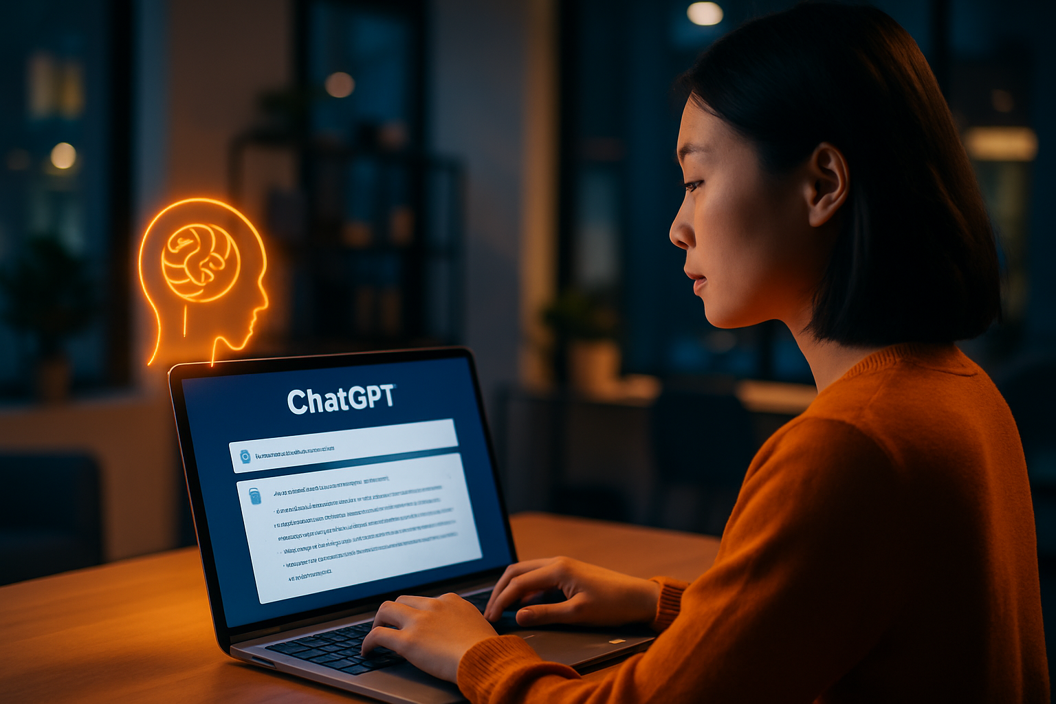 Màn hình laptop hiển thị giao diện ChatGPT với prompt mẫu và kết quả trả về, background văn phòng hiện đại