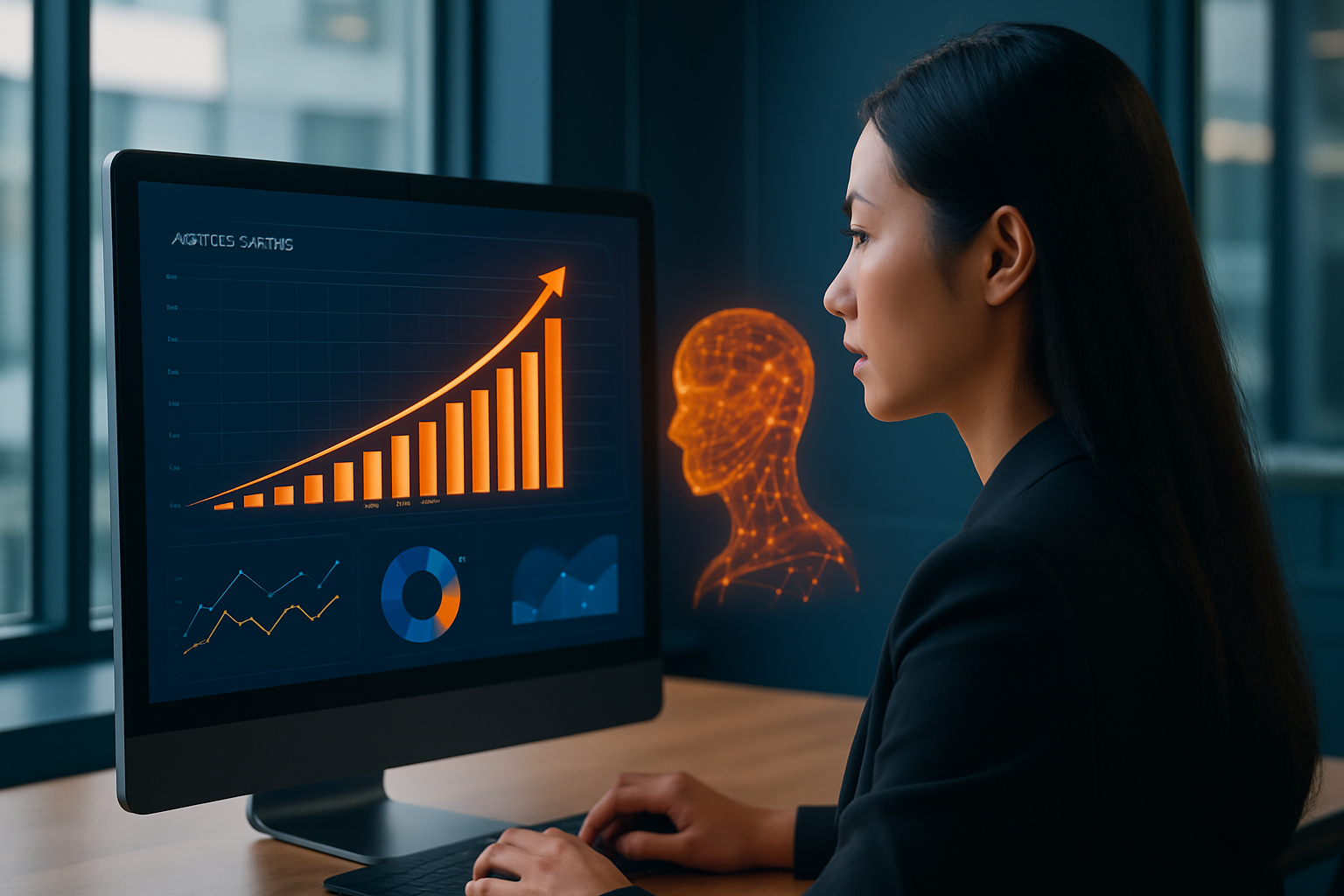 Dashboard phân tích doanh thu kinh doanh bằng AI, giao diện hiện đại với biểu đồ tăng trưởng