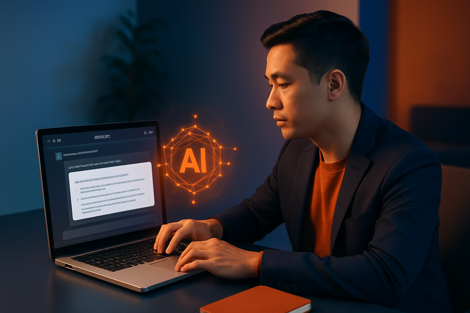 Màn hình laptop hiển thị giao diện ChatGPT đang tạo nội dung marketing, bên cạnh là tách cà phê và sổ tay
