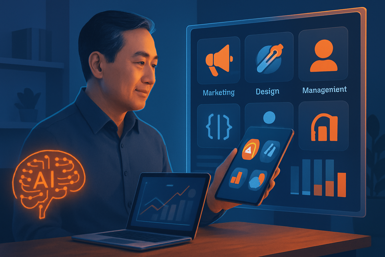 Infographic so sánh 7 công cụ AI theo từng lĩnh vực công việc – marketing, thiết kế, lập trình, quản lý, bán hàng