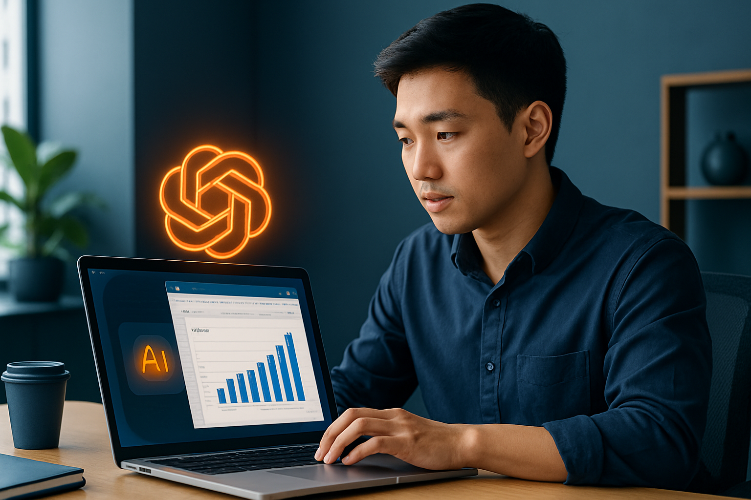 Minh họa giao diện ChatGPT phân tích file Excel với biểu đồ doanh thu, màn hình laptop văn phòng hiện đại
