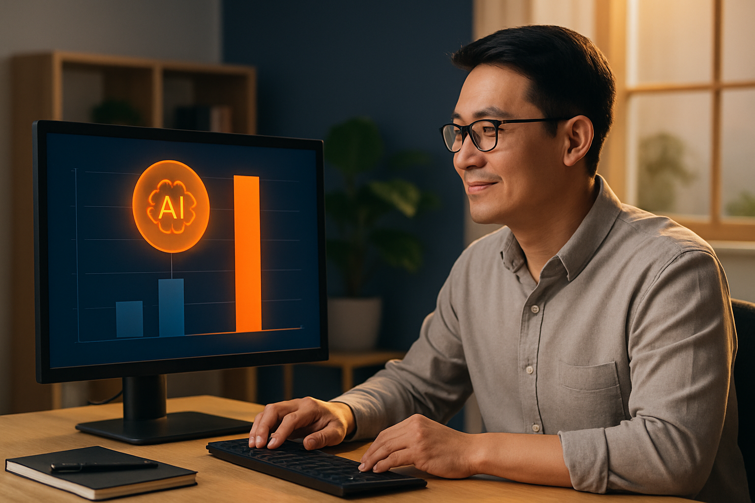 Infographic so sánh thời gian làm việc trước và sau khi dùng AI – biểu đồ cột thể hiện tiết kiệm 70% thời gian cho các tác vụ văn phòng phổ biến