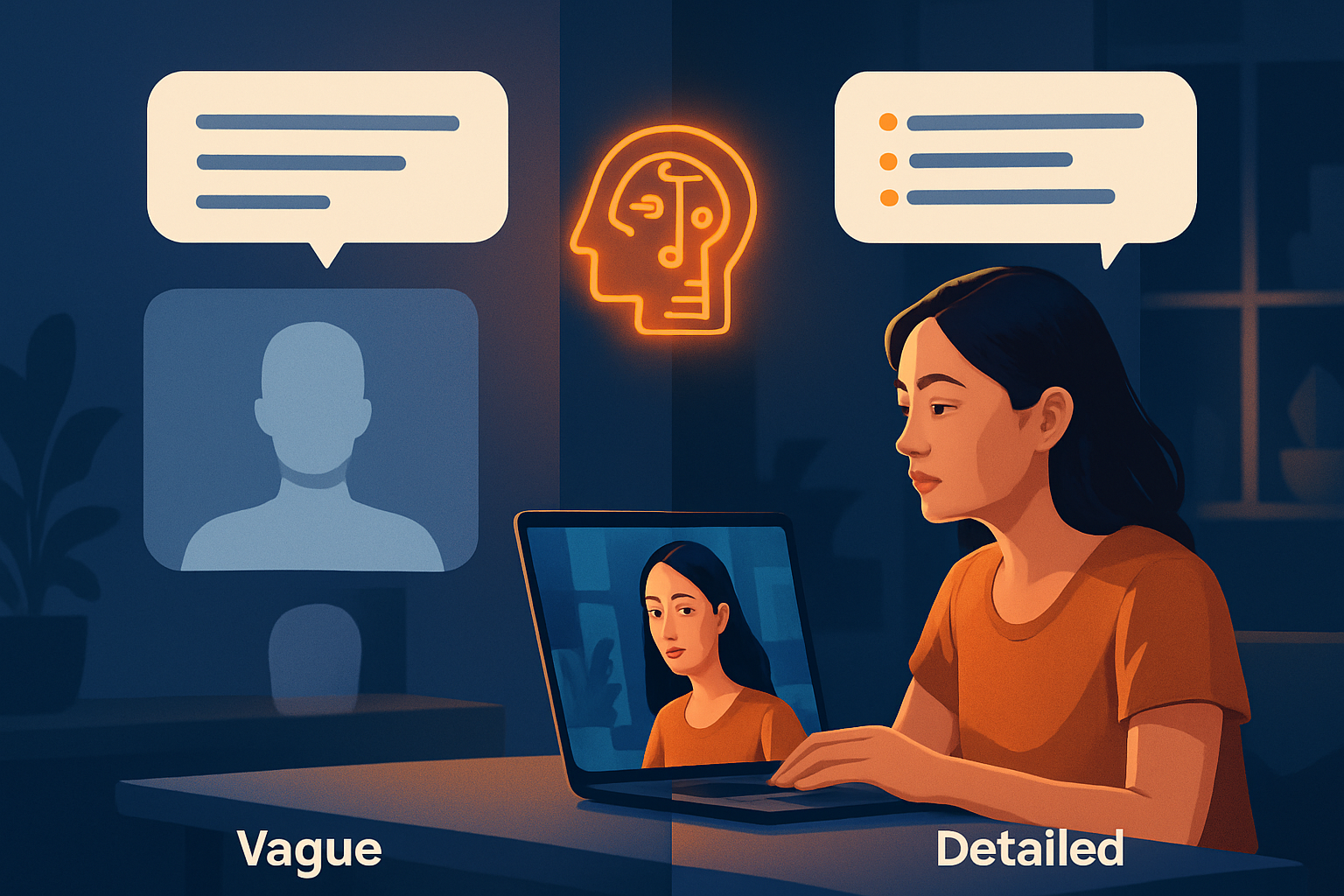 Minh họa so sánh hai prompt — một prompt mơ hồ và một prompt chi tiết cụ thể với kết quả tương ứng