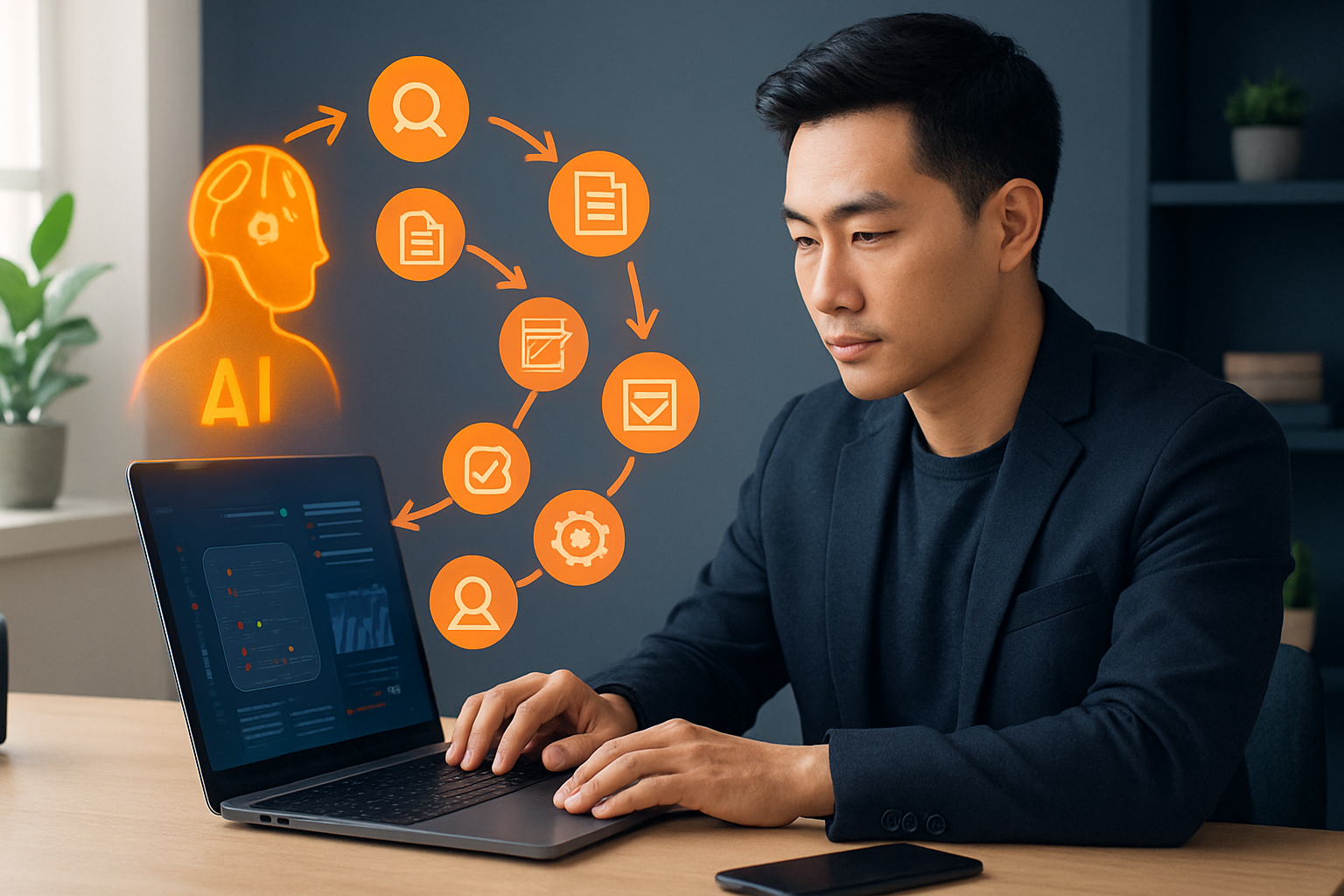 Infographic minh họa quy trình 7 bước viết content bằng AI, từ nghiên cứu từ khóa đến xuất bản