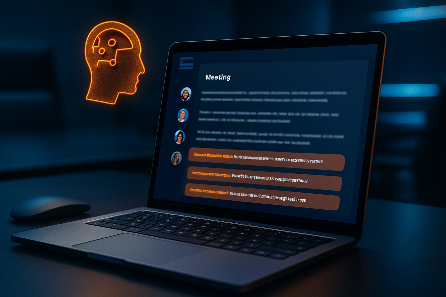 Screenshot giao diện Otter.ai đang hiển thị transcript cuộc họp với các action item được AI highlight