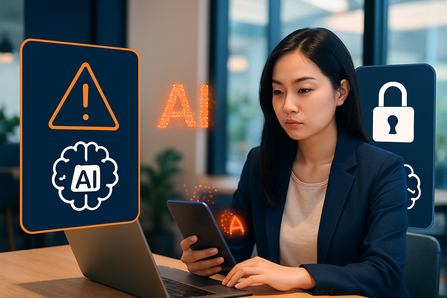 Infographic so sánh mức độ bảo mật giữa các công cụ AI miễn phí và trả phí, với biểu tượng khóa và dấu cảnh báo
