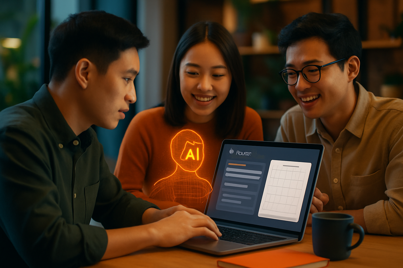Giao diện ChatGPT đang giúp lập kế hoạch công việc tuần trên màn hình laptop, bên cạnh là tách cà phê và sổ tay