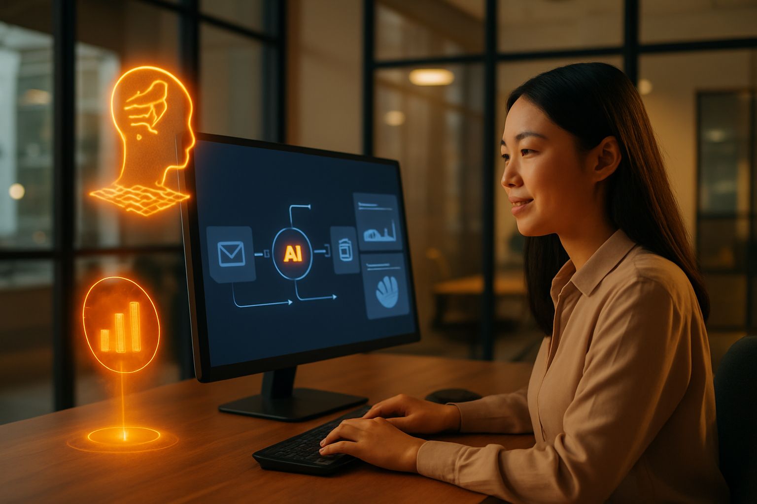 Dashboard của công cụ AI tự động hóa với các workflow kết nối giữa email, CRM và báo cáo