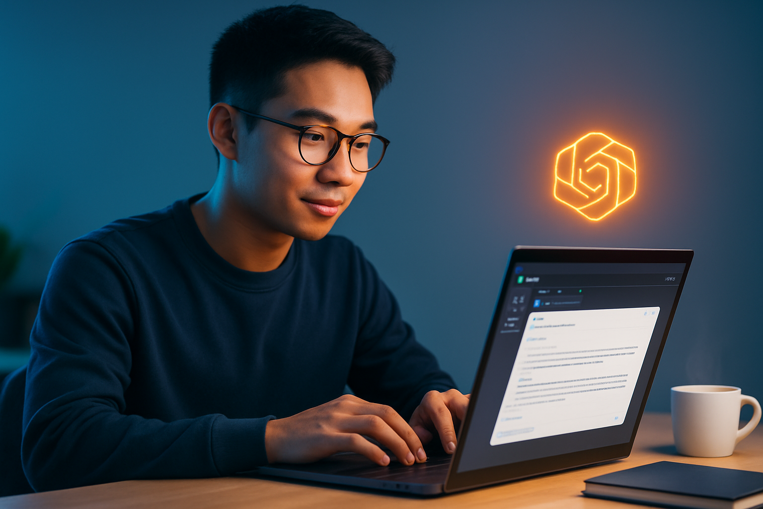 Giao diện ChatGPT đang soạn email chuyên nghiệp trên màn hình laptop, bên cạnh là tách cà phê và sổ tay