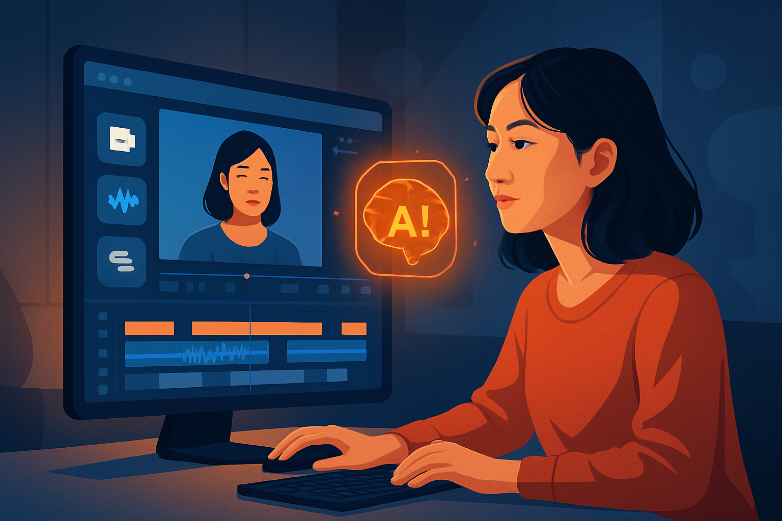 Giao diện minh họa các công cụ AI làm video với timeline và các tính năng chính