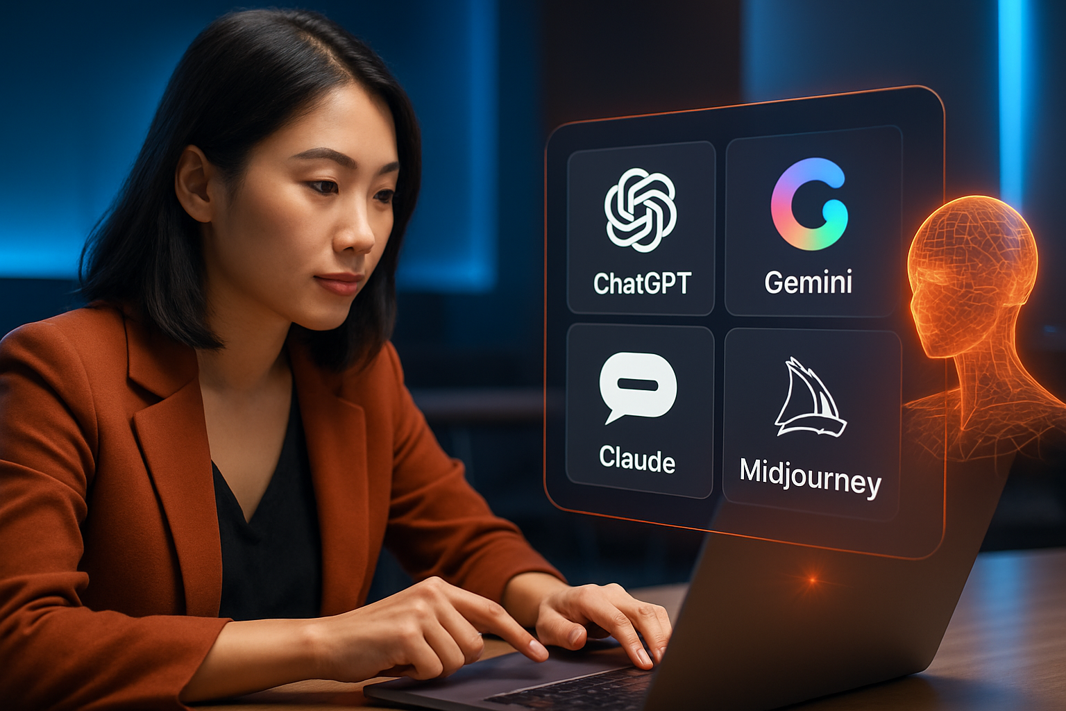 Minh họa giao diện các công cụ AI phổ biến như ChatGPT, Gemini, Claude, Midjourney được sắp xếp trên màn hình laptop, với tay người dùng đang thao tác