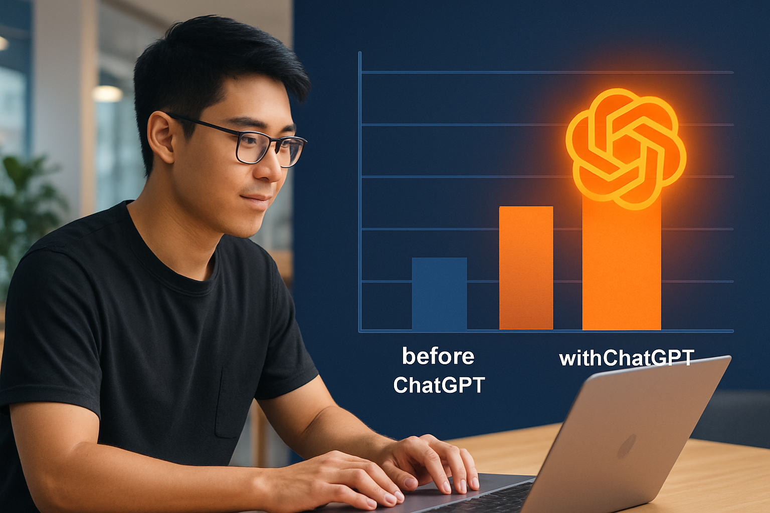 Infographic so sánh năng suất làm việc trước và sau khi dùng ChatGPT, với biểu đồ cột thể hiện thời gian tiết kiệm cho các tác vụ phổ biến