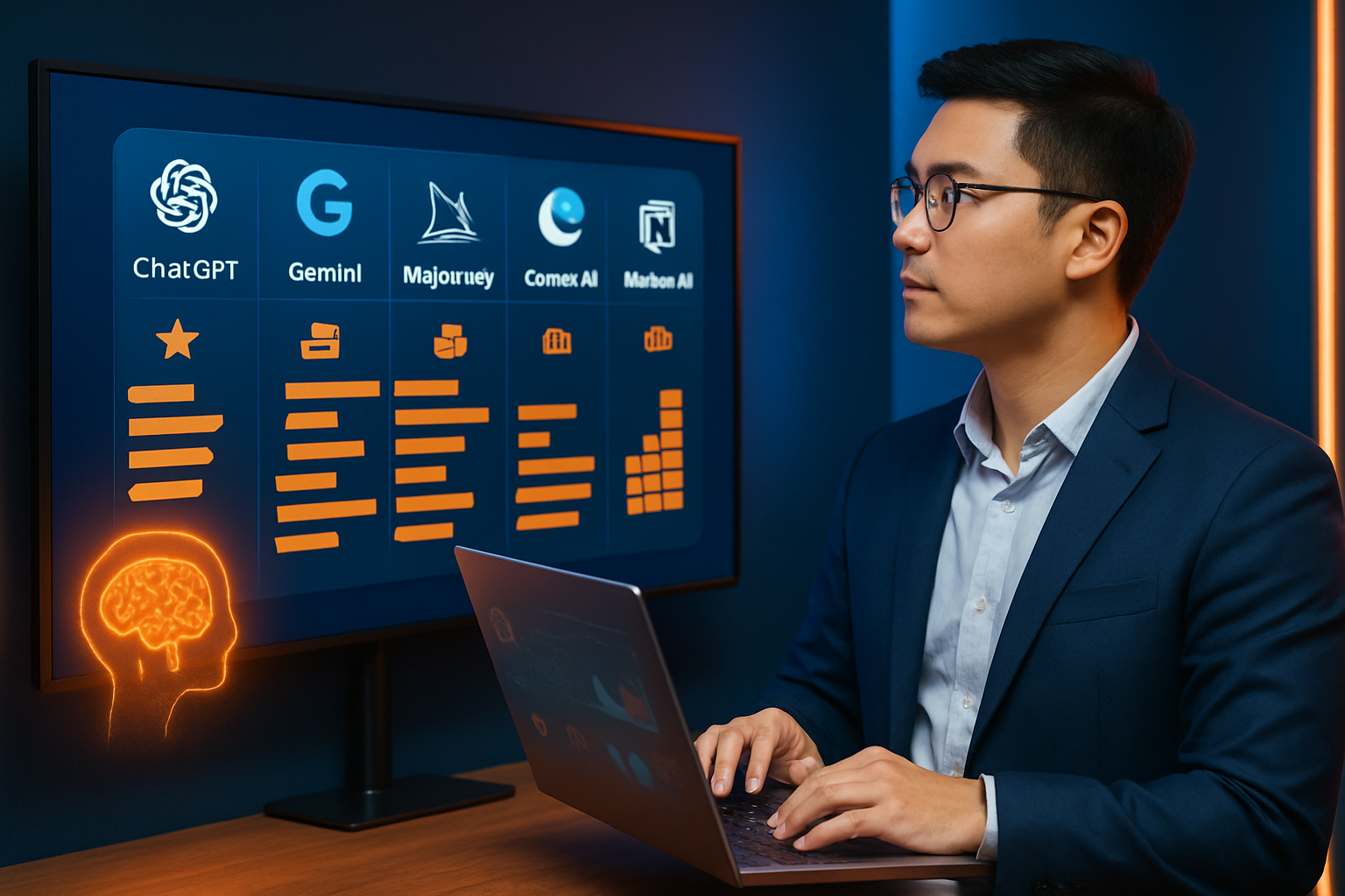 Infographic so sánh 5 công cụ AI phổ biến (ChatGPT, Gemini, Midjourney, Canva AI, Notion AI) với điểm mạnh, giá cả và ngành nghề phù hợp