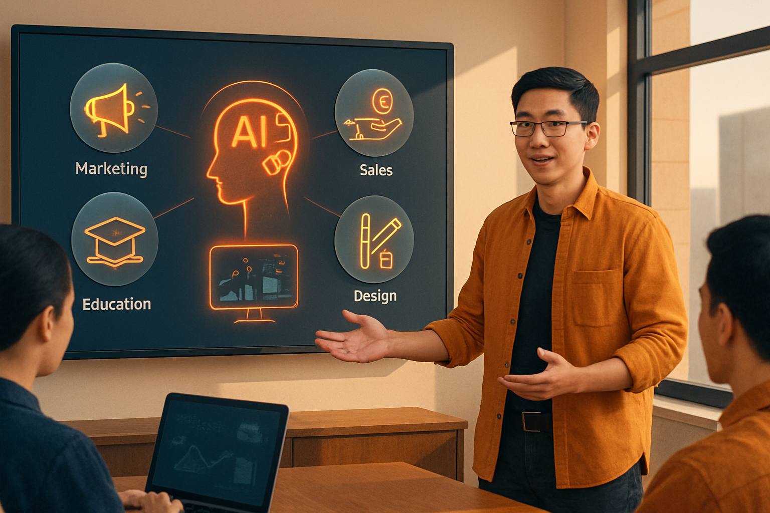 Infographic minh họa các lĩnh vực ứng dụng AI phổ biến — marketing, bán hàng, giáo dục, thiết kế, phân tích dữ liệu
