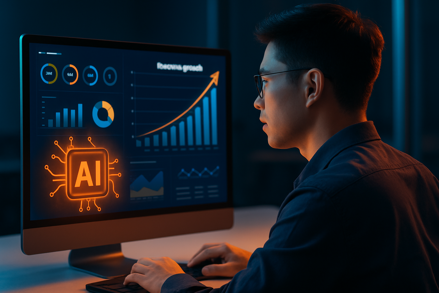 Dashboard phân tích dữ liệu kinh doanh với biểu đồ tăng trưởng doanh thu, giao diện công cụ AI và các chỉ số KPI