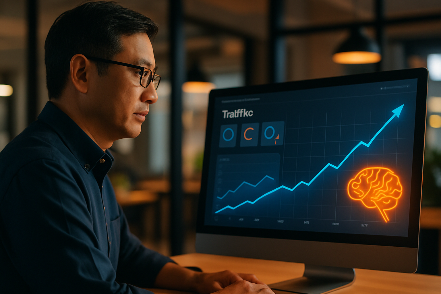 Dashboard phân tích traffic tăng trưởng của một website Việt Nam sử dụng AI SEO, biểu đồ đường màu xanh đi lên rõ rệt qua 6 tháng