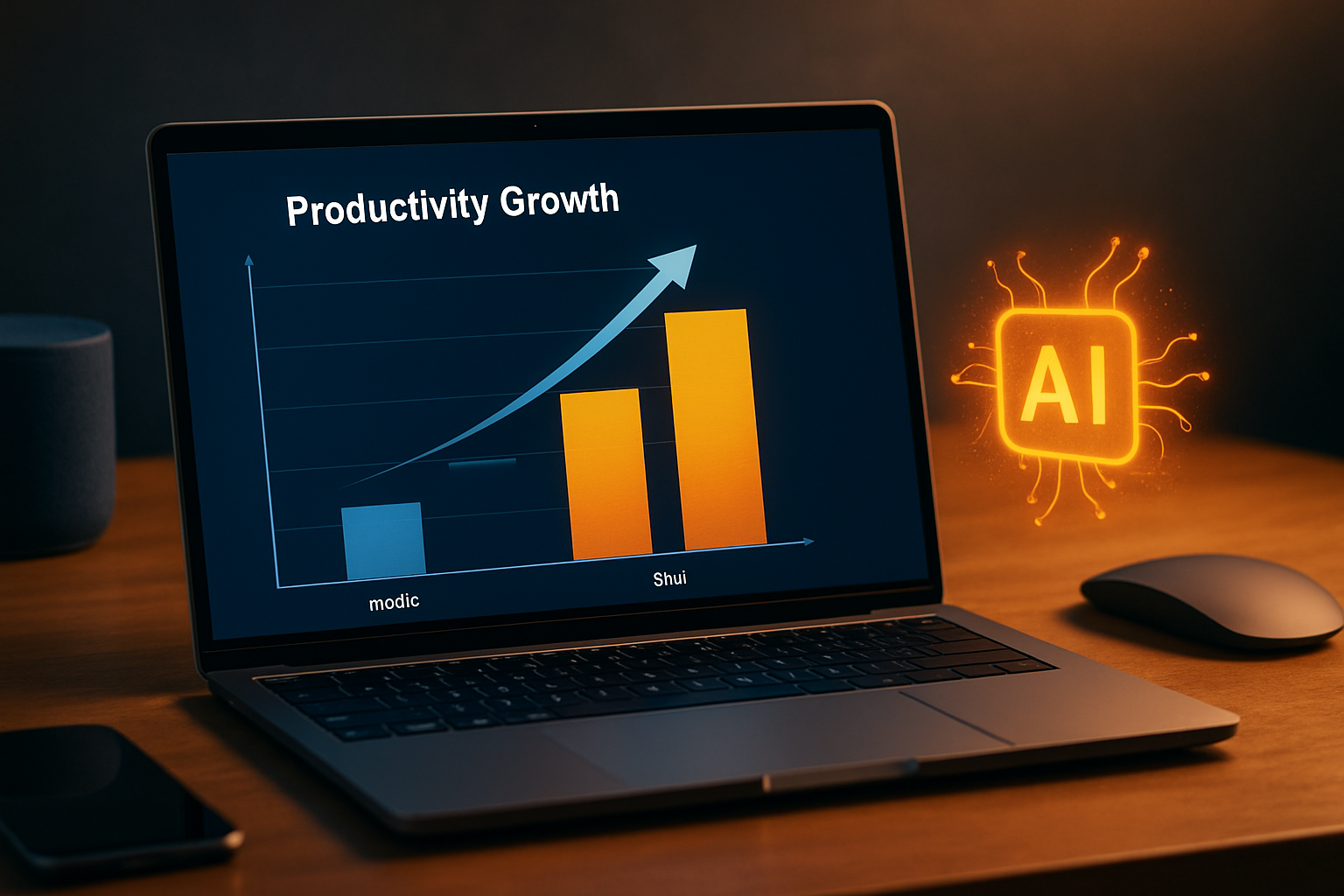 Dashboard hiển thị số liệu tăng trưởng năng suất sau khi áp dụng AI automation, với biểu đồ cột so sánh trước/sau