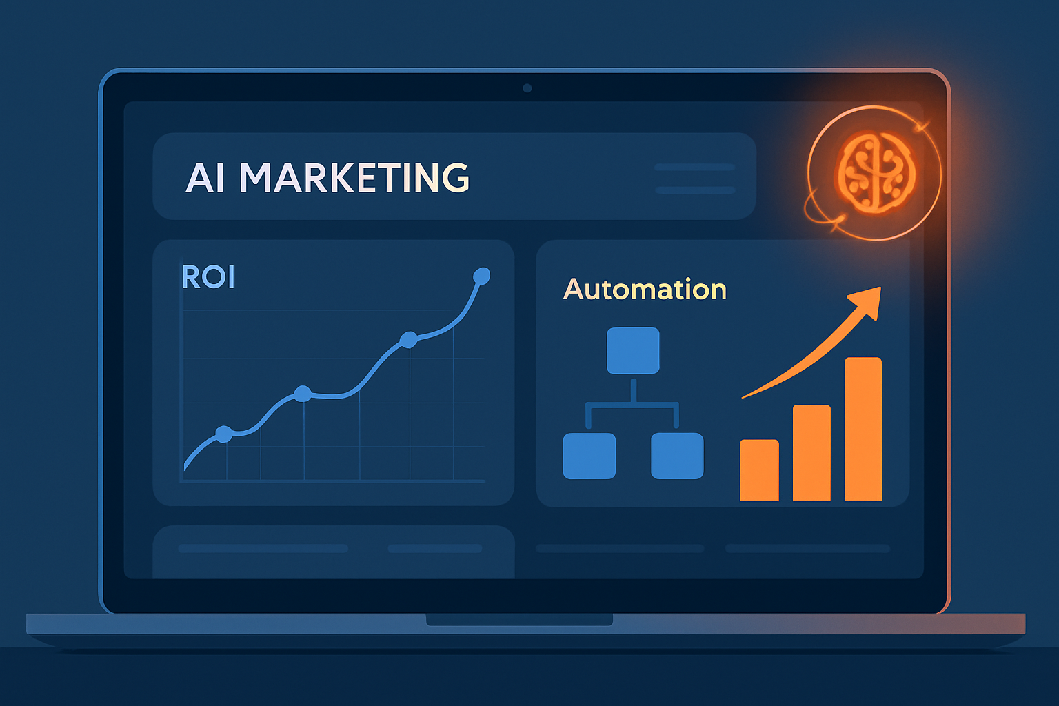 Dashboard minh họa giao diện dịch vụ AI Marketing với biểu đồ phân tích ROI, automation workflow và số liệu tăng trưởng