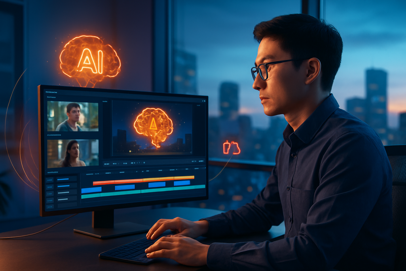 Dashboard của một công cụ AI tạo video đang xử lý nhiều dự án video cùng lúc, giao diện hiện đại với timeline và preview