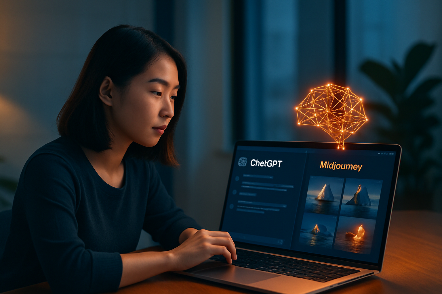 Giao diện ChatGPT và Midjourney trên màn hình laptop, người dùng đang thao tác tạo nội dung