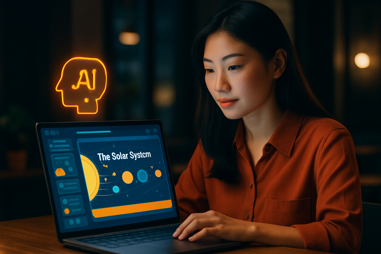 Giáo viên đang sử dụng laptop với giao diện công cụ AI tạo bài giảng, màn hình hiển thị slide bài học sinh động